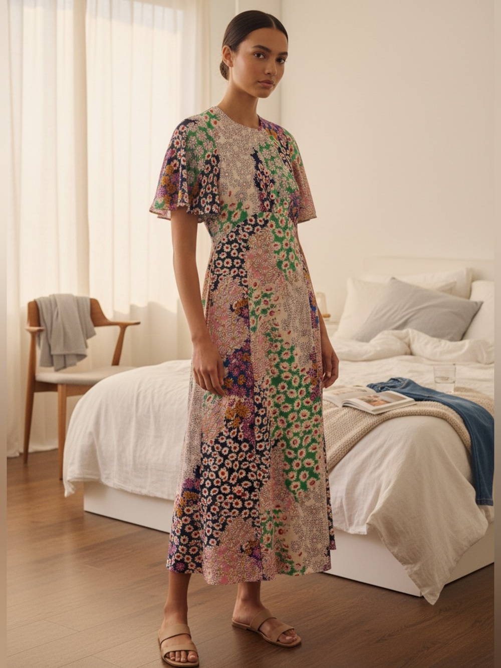 Topshop Floral Patchwork Maxi Dress in Green, Pink & Blue Size 4